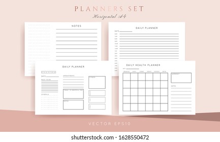 Set of minimalist abstract planners. Daily, weekly, monthly planner template. Blank printable horizontal notebook page with space for notes and goals. 
Business organizer. Paper sheet size A4.