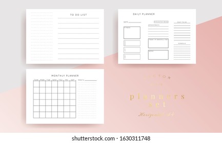 Set of minimalist abstract planners. Daily, weekly, monthly planner template. Blank printable horizontal notebook page with space for notes and goals. 
Business organizer. Paper sheet size A4.