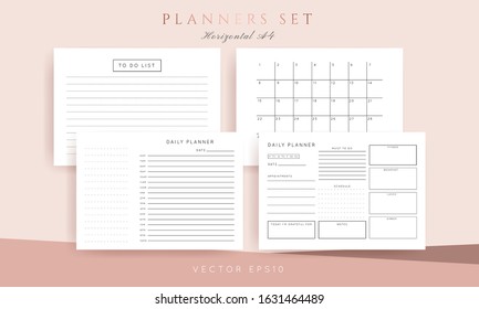 Set of minimalist abstract planners. Daily, weekly, monthly planner template. Blank printable horizontal notebook page with space for notes and goals. 
Business organizer. Paper sheet size A4.