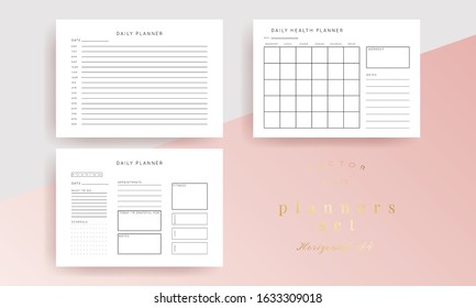 Set of minimalist abstract planners. Daily, weekly, monthly planner template. Blank printable horizontal notebook page with space for notes and goals. 
Business organizer. Paper sheet size A4.