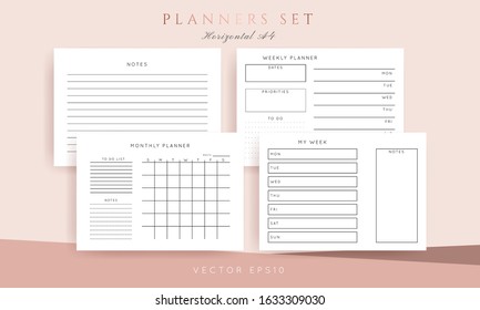 Set of minimalist abstract planners. Daily, weekly, monthly planner template. Blank printable horizontal notebook page with space for notes and goals. 
Business organizer. Paper sheet size A4.