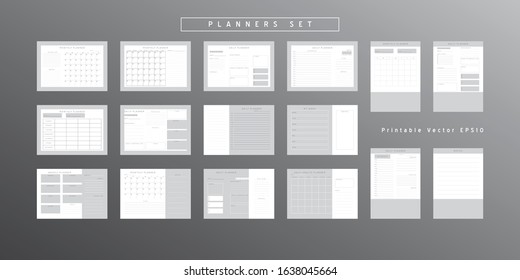 Set of minimalist abstract planners. Daily, weekly, monthly planner template.Blank printable vertical and horizontal notebook page with space for notes and goals.Business organizer.Paper sheet size A4