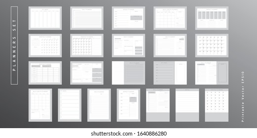 Set of minimalist abstract planners. Daily, weekly, monthly planner template.Blank printable vertical and horizontal notebook page with space for notes and goals.Business organizer.Paper sheet size A4