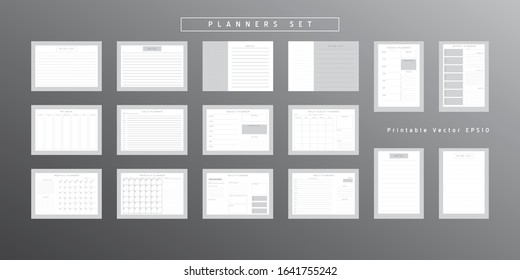 Set of minimalist abstract planners. Daily, weekly, monthly planner template.Blank printable vertical and horizontal notebook page with space for notes and goals.Business organizer.Paper sheet size A4