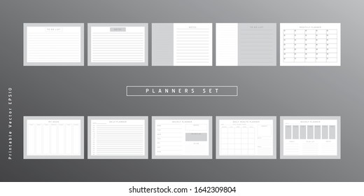 Set von minimalistischen abstrakten Planern. Tägliche, wöchentliche, monatliche Planer-Vorlage.Leere druckbare vertikale und horizontale Notizbuchseite mit Platz für Notizen und Ziele.Business-Veranstalter.Papierblattgröße A4