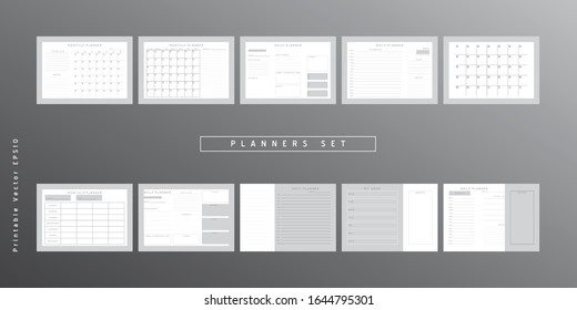 Set of minimalist abstract planners. Daily, weekly, monthly planner template.Blank printable vertical and horizontal notebook page with space for notes and goals.Business organizer.Paper sheet size A4