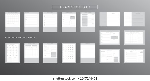 Set of minimalist abstract planners. Daily, weekly, monthly planner template.Blank printable vertical and horizontal notebook page with space for notes and goals.Business organizer.Paper sheet size A4