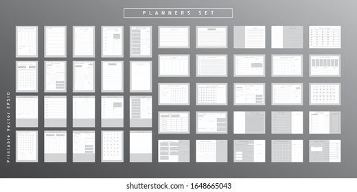 Set of minimalist abstract planners. Daily, weekly, monthly planner template.Blank printable vertical and horizontal notebook page with space for notes and goals.Business organizer.Paper sheet size A4