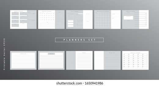 Set of minimalist abstract planners. Daily, weekly, monthly planner template.Blank printable vertical and horizontal notebook page with space for notes and goals.Business organizer.Paper sheet size A4