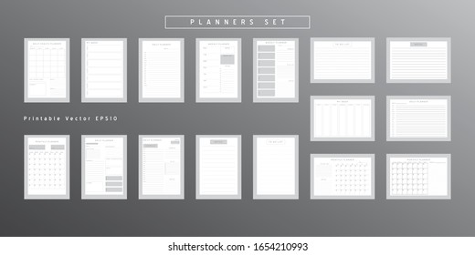 Set of minimalist abstract planners. Daily, weekly, monthly planner template.Blank printable vertical and horizontal notebook page with space for notes and goals.Business organizer.Paper sheet size A4