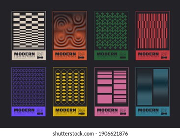 Set of minimalist abstract posters. Meta modern covers. Swiss design pattern. Futuristic geometric composition. Bauhaus artwork.