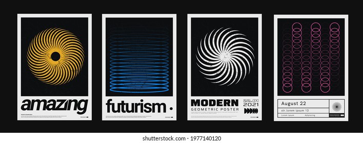 Set of minimalist abstract posters. Meta modern covers. Swiss design pattern. Futuristic geometric composition. Bauhaus artwork.