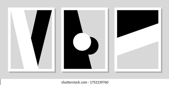 Set Of Minimalist Abstract Shape Black White Shadow. Minimal Modern Posters, Forms Of Wall Art, Print Art, And Everything Related To Decoration.