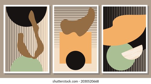 Conjunto de afiches de forma abstracta minimalista. Colección contemporánea de arte mural. Ilustración vectorial plana para la impresión de camisetas, postal, cubierta, diseño de invitaciones, papel pintado, etc.