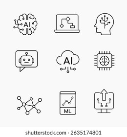 Conjunto de ícones de IA minimalistas mostrando robótica, aprendizagem de máquina, reconhecimento facial e automação, ilustração vetorial