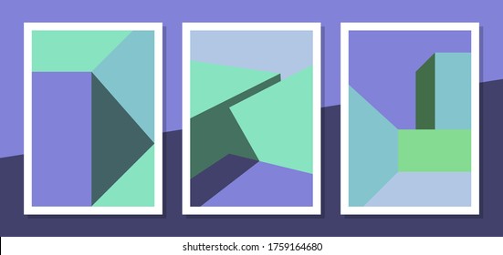 Set of minimalist architecture building shape green-purple color. Minimal modern posters, forms of wall art, print art, digital art, architecture, and everything related to decoration.
