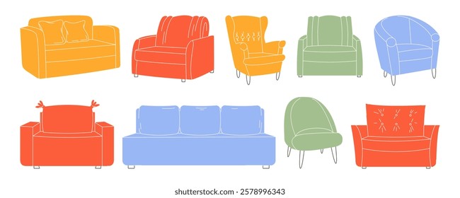 Set of minimalist armchairs, sofas. Soft furniture for rest. Modern upholstered items of comfort for home or office. Room decoration, interior design. Hand drawn flat vector illustration