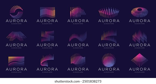 set of minimalist aurora logo big bundle with gradient modern color branding on dark background.