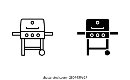 A set of minimalist BBQ grill icons featuring both line art and solid black silhouettes for use in outdoor cooking menus, summer party event flyers, and backyard lifestyle designs.