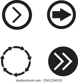 
"Set of minimalist black arrow and cycle icons, including circular and directional designs. Perfect for navigation, motion concepts, user interfaces, graphic design, and business or technology visual