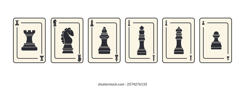 Set of minimalist black chess piece card illustrations featuring kings, queens, rooks, bishops, knights, and pawns in black and white. Doodle cartoon stickers of chess game by hand drawn