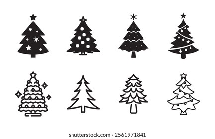 Set of minimalist black Christmas tree icons on a clean white background. Perfect for holiday-themed designs, invitations, and decorations. Vector illustration.