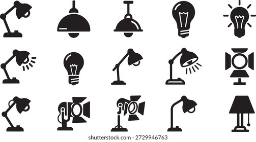 Set of Minimalist Black Desk and Ceiling Lighting Fixtures Isolated on Transparent Background