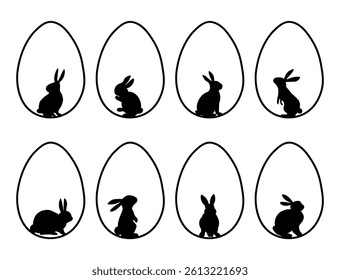 Set of minimalist black Easter bunny silhouettes in egg shapes. Design concept for greeting card or banner. Vector illustration