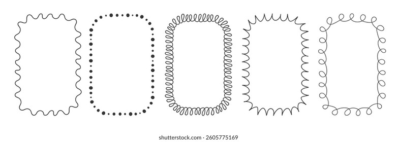 Set of minimalist Black line frames. Doodle playful Simple vertical decorative rectangular frame border. Template for invitation, poster, card, scrapbook, product label, social media creative design