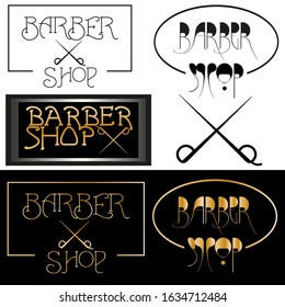 Set minimalist black logo barber shop and gold lettering