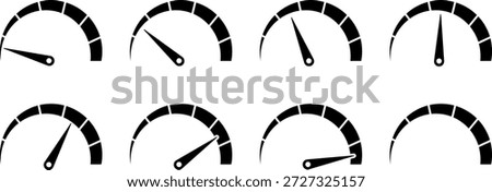 Set of Minimalist Black Speedometer Gauge Icons showing Performance Levels from Low to High for Dashboard UI