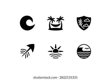 A set of minimalist black vector icons depicting tropical elements including a crescent moon a hammock between palm trees a decorative shield a directional arrow a bright sun over waves and a scenic ocean view with a cliff for creative design projects