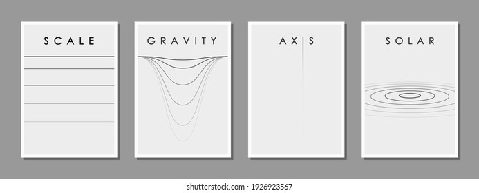 Set of minimalist black and white design for the cover of a scientific conference and other events, vector illustration. Research accuracy, coordinate axes, gravity, astronomy.