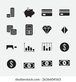 Set of minimalist black and white finance icons including piggy bank and credit card