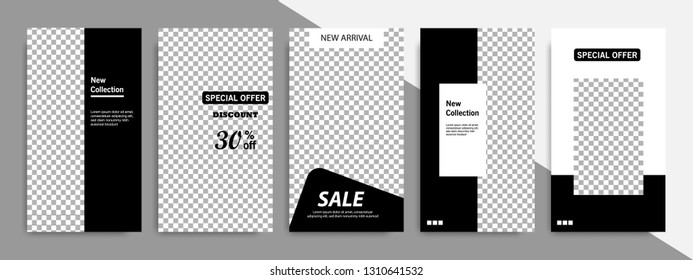 Set of minimalist black and white geometric banner template background. Suitable for social media stories, story, product catalog, expandable and roll banner, flyer and brochure.