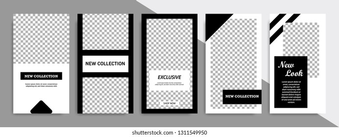Set Of Minimalist Black And White Geometric Banner Template Background. Suitable For Social Media Post Stories, Story, Product Catalog, Expandable And Roll Banner, Flyer And Brochure.
