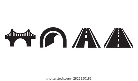 A set of minimalist black and white icons depicting a bridge, tunnel, and roads, representing infrastructure and transportation themes.