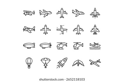 A set of minimalist black and white line art icons representing various modes of transportation, including airplanes, helicopters, airships, and rockets.