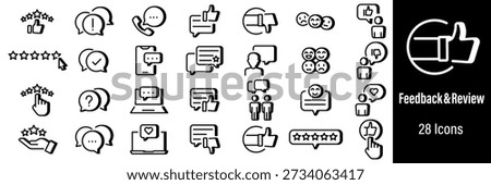 Set of minimalist black and white line icons for user feedback and customer reviews