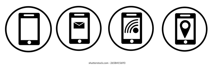Conjunto de ícones minimalistas de telefone celular preto e branco.