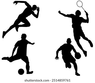 A set of minimalist black and white silhouettes of athletes playing football, badminton, and basketball, perfect for sports-related design