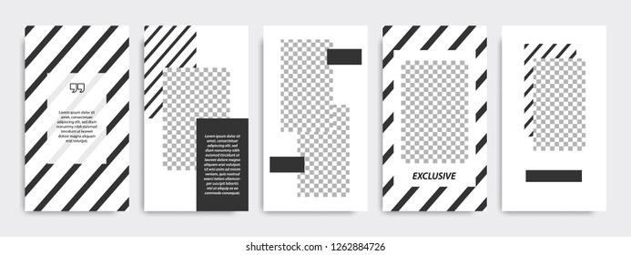 Set Of Minimalist Black And White Stripe Line Template Background. Suitable For Social Media Stories, Story, Roll Banner, Expandable Banner, Flyer And Brochure.