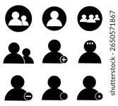 A set of minimalist black and white user profile and group icons including add, remove, and chat symbols. Perfect for user interface design, mobile apps, and websites. Flat vector style for modern UI