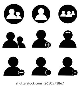 Um conjunto de ícones minimalistas de perfil e grupo de usuários em preto e branco, incluindo símbolos de adição, remoção e bate-papo. Perfeito para design de interface de usuário, aplicativos móveis e sites. Estilo de vetor plano para interface do usuário moderna