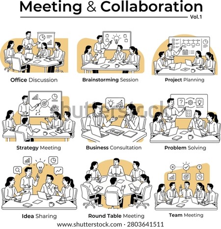 Set of minimalist black and white vector illustrations featuring business meetings, office discussions, teamwork, brainstorming, planning, consultation, and corporate collaboration scenes.