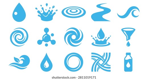 Set of minimalist blue water droplet and swirl icons