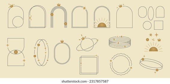 Set of minimalist boho style aesthetic elements. Arched frames with stars, geometric shapes in a linear style, gold elements. Arches with crown. Vector illustration.