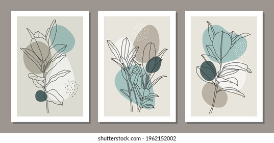 Set of minimalist botanical branch with leaves abstract collage