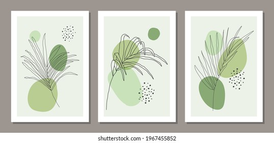 Set of minimalist botanical branch with leaves abstract collage
