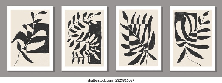 Set of minimalist botanical composition with leaves abstract collage